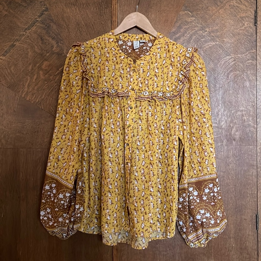Joie ruffle puff sleeve lightweight peasant top ls